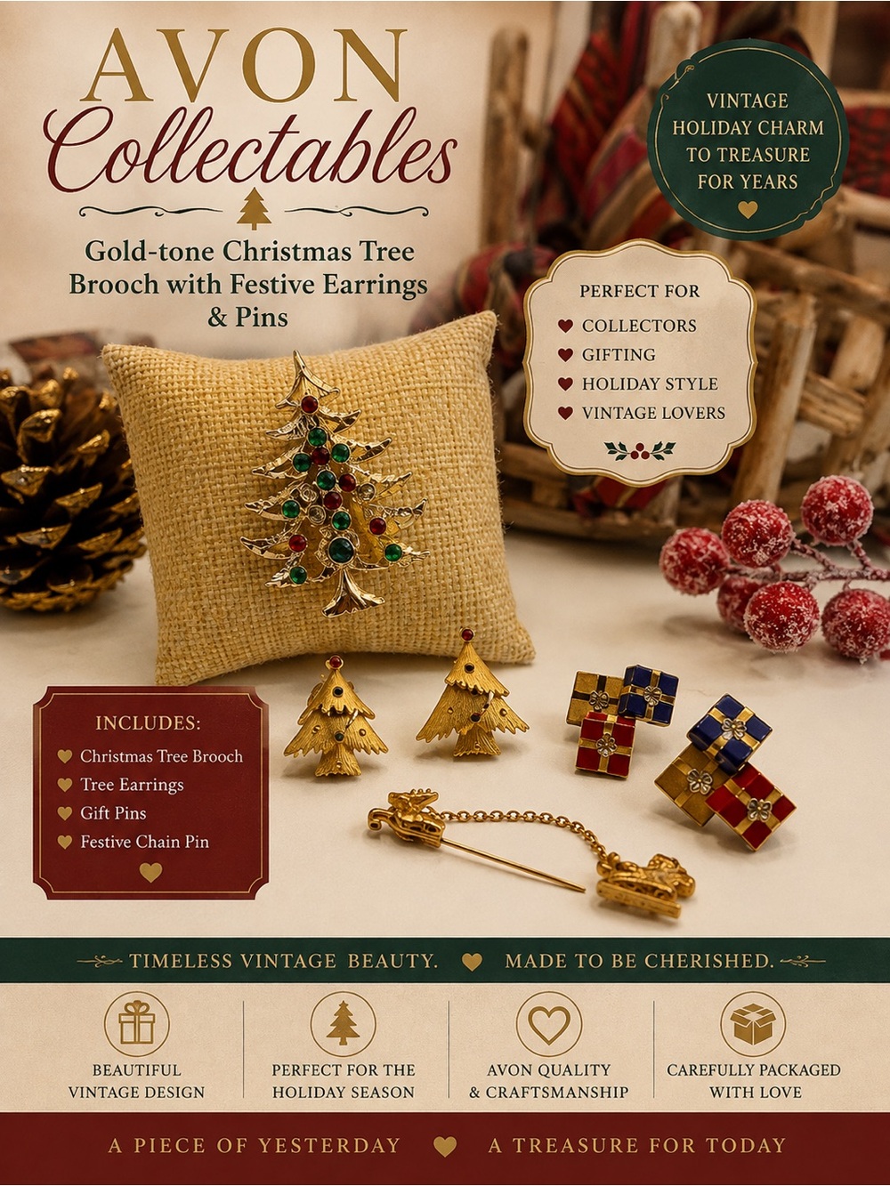 Avon Bundle Gold-tone Christmas Tree Brooch with Festive Earrings and Pins 💋